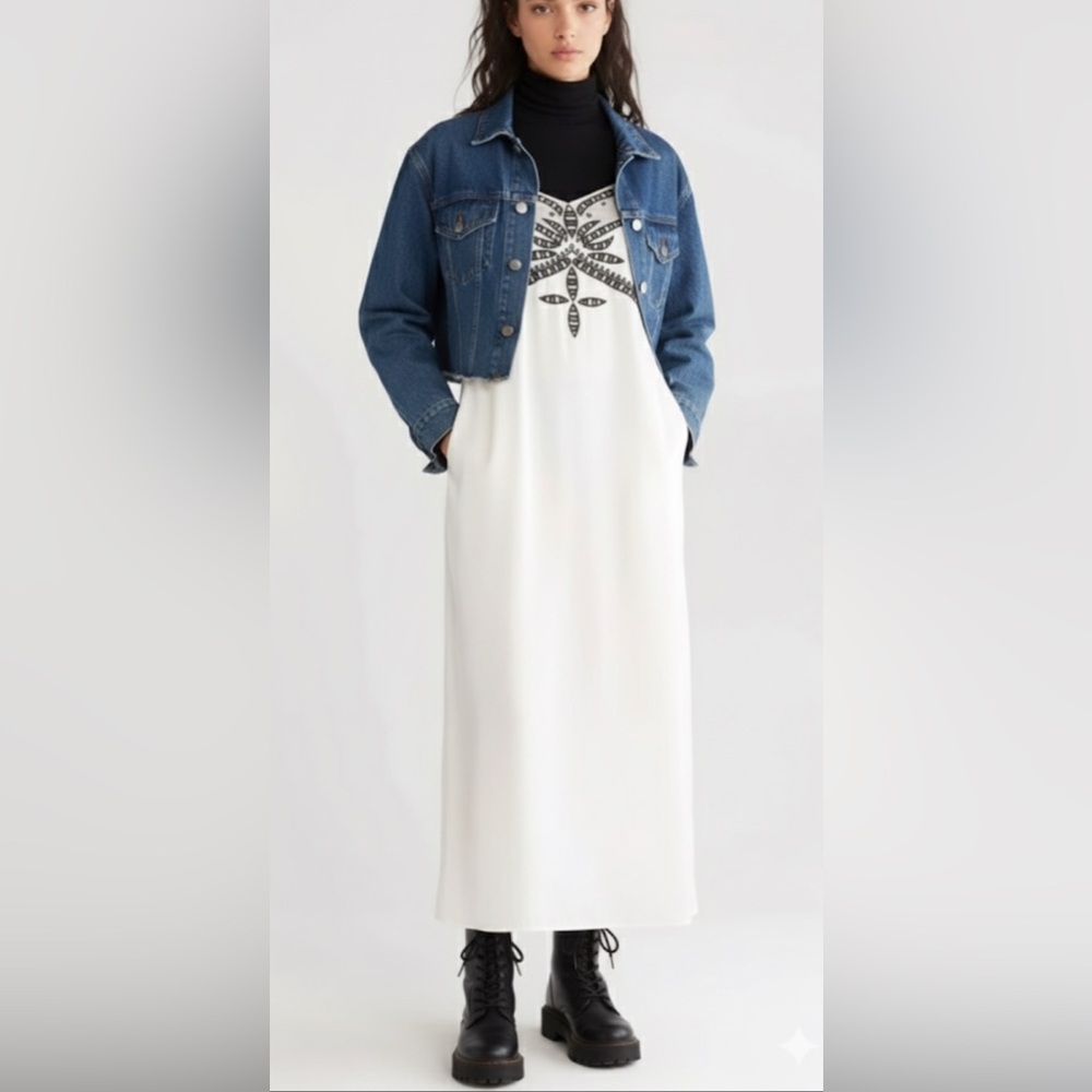 Topshop White Midi Slip Dress with Black Embellished Detail